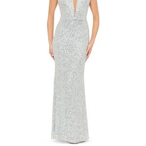 Aqua Plunging V Neck Sequin Gown - Exclusive